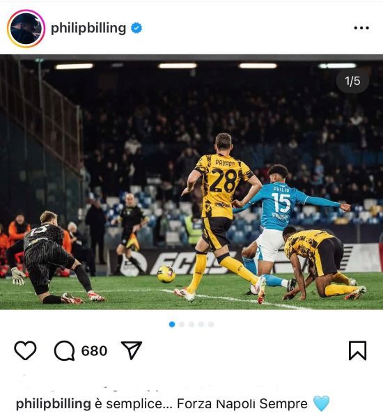 Billing pubblica un'immagine su Instagram per festeggiare il gol all'Inter