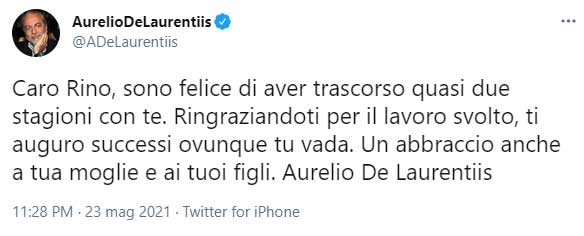 De Laurentiis, tweet di addio per Gattuso
