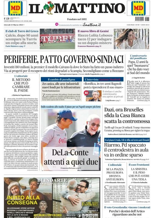 Prima pagina Il Mattino 13 marzo 2025