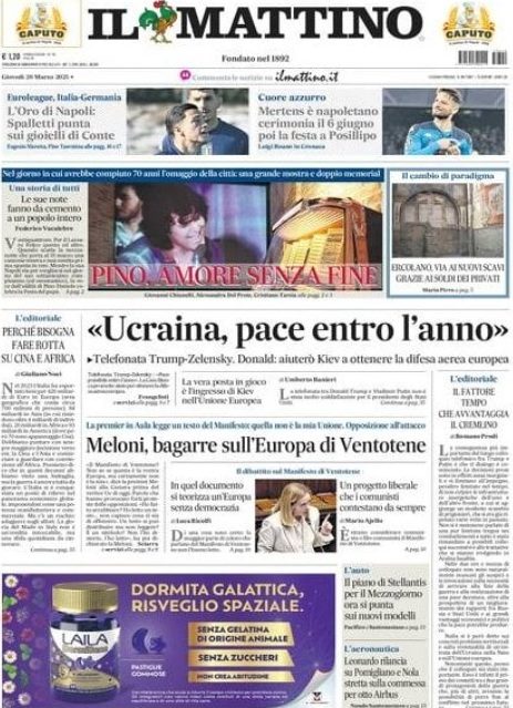 Prima pagina il Mattino 20 marzo 2025