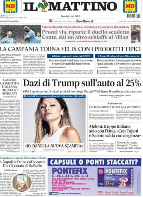 Prima pagina Il Mattino, 27 marzo 2025