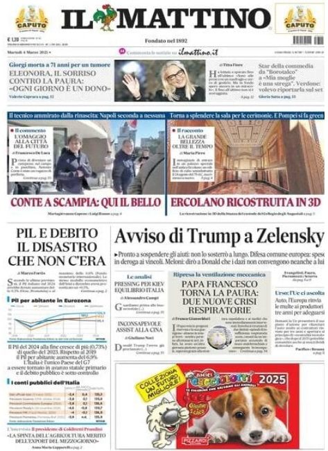Prima pagina "Il Mattino", parla di Eleonora Giorgi, che ci ha lasciati