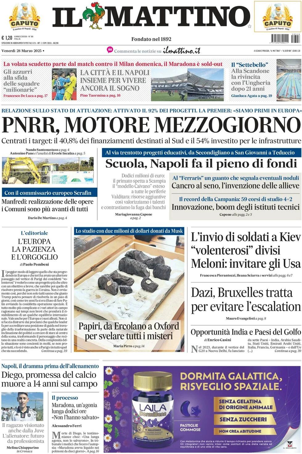 Prima pagina del Mattino, 28 marzo 2025