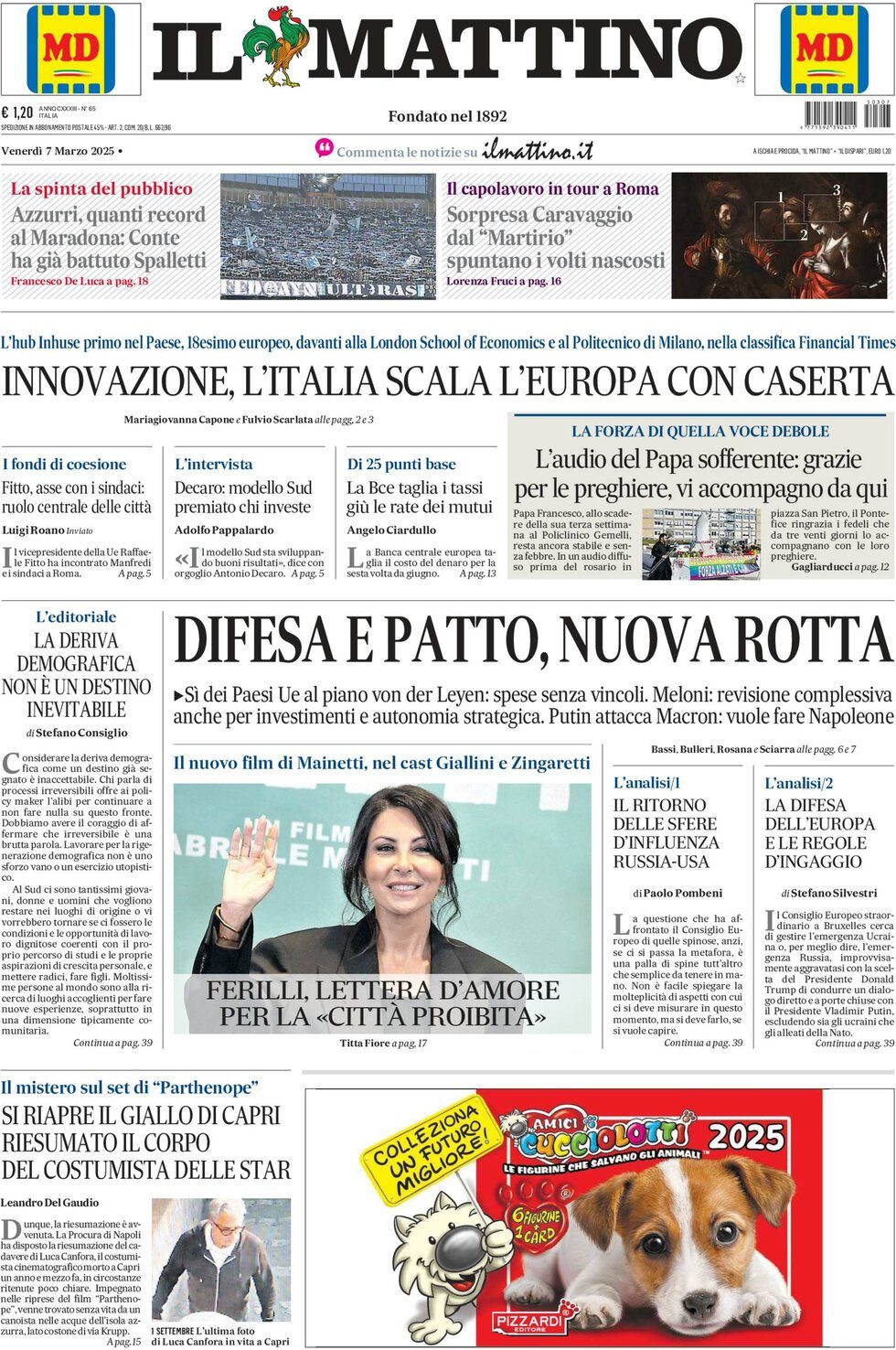 Prima pagina Il Mattino 7 marzo 2025