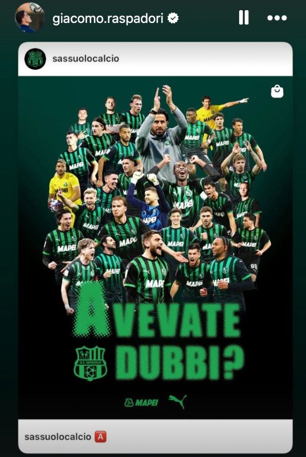 Giacomo Raspadori pubblica il messaggio del Sassuolo promosso in Serie A