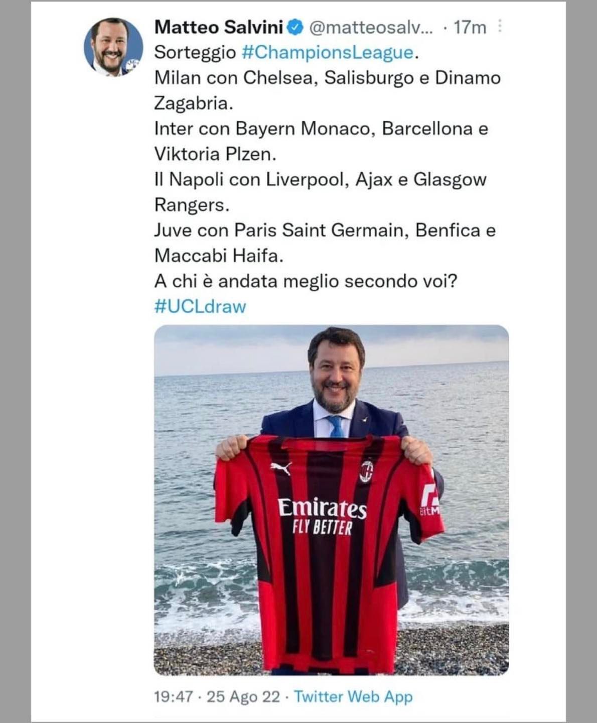 Salvini commento gironi Champions League